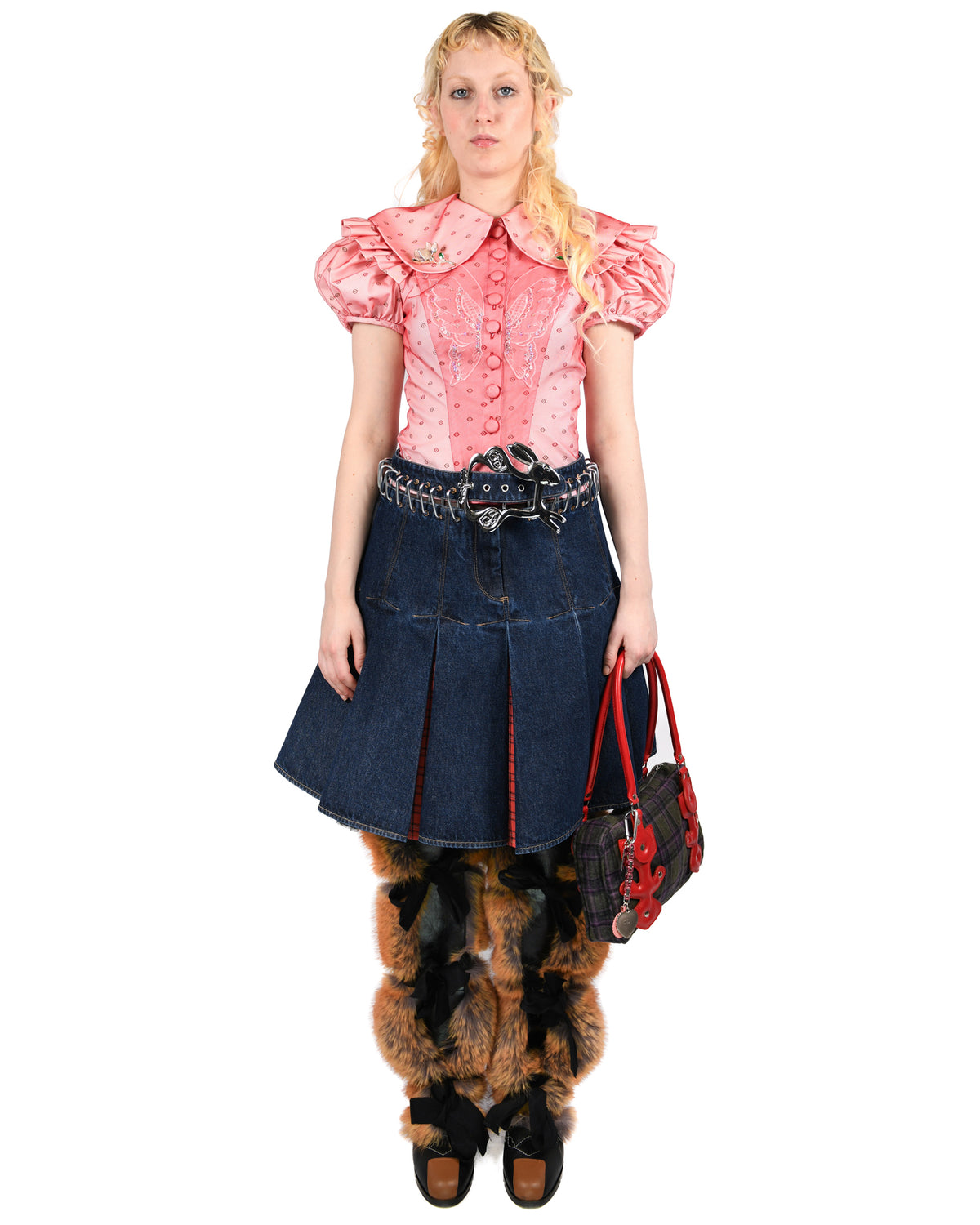 Plaid Bevo Denim Carabiner Knee Skirt